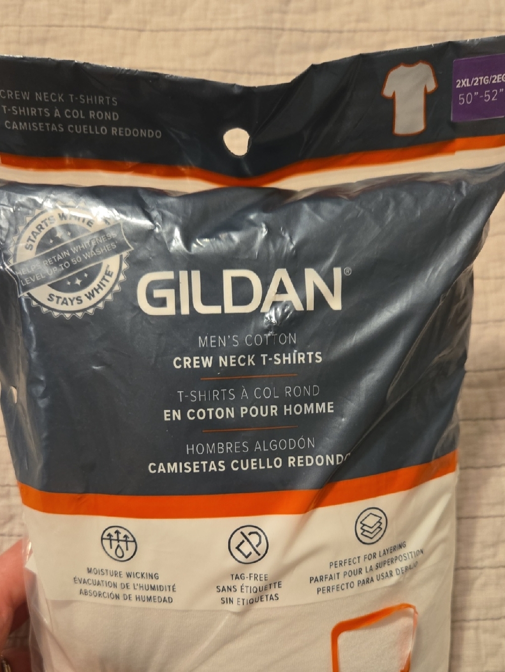 Gildan White Crew Neck T-Shirts with Navy and Orange Packaging